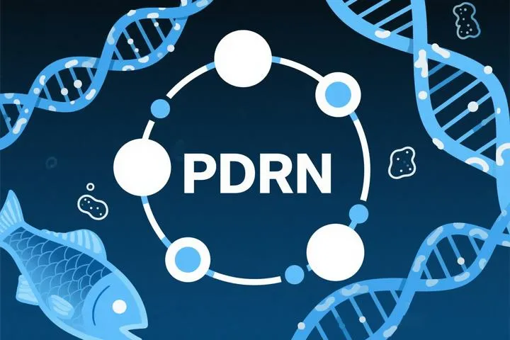 Illustration showing PDRN concept with DNA strands and a fish on a dark background